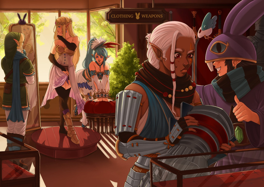 2boys 3girls armor blonde_hair blue_hair breasts cleavage corset dark-skinned_female dark_skin highres hyrule_warriors impa lana_(hyrule_warriors) link looking_at_mirror mask mirror multiple_boys multiple_girls otterwater23 pointy_ears princess_zelda rabbit_mask ravio scarf smile sword the_legend_of_zelda the_legend_of_zelda:_a_link_between_worlds thumbs_up tiara weapon