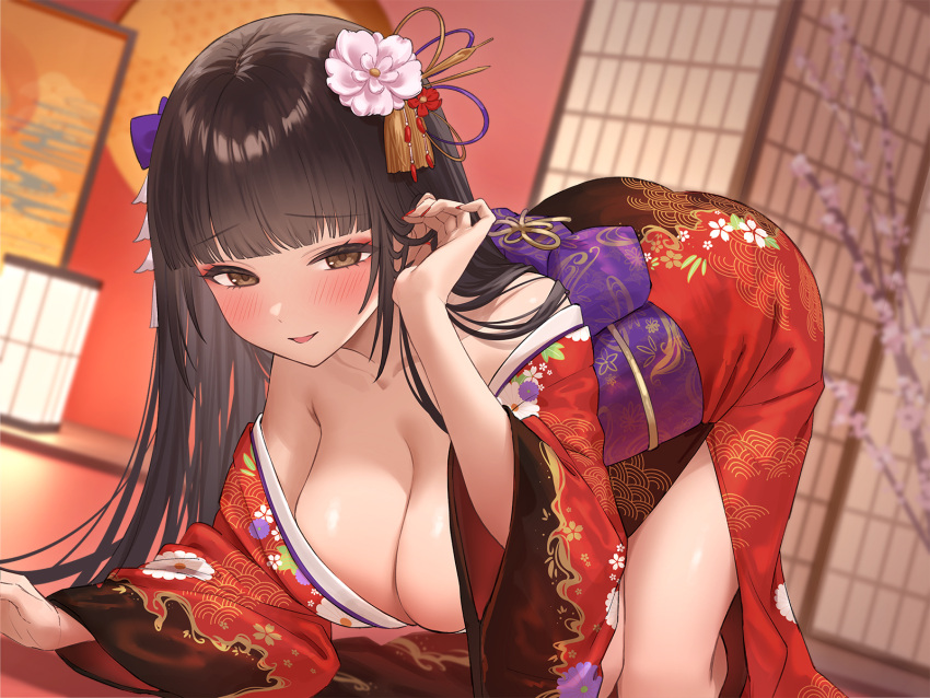 all_fours black_hair blunt_bangs blush breasts brown_eyes cherry_blossoms cleavage collarbone female floral_print floral_print_kimono flower hair_flower hair_ornament hair_rollers highres hime_cut indoors japanese_clothes jfjf kimono lantern large_breasts long_hair looking_at_viewer non-web_source obi on_floor open_mouth original print_kimono red_kimono red_nails sash sidelocks smile solo tatami wide_sleeves