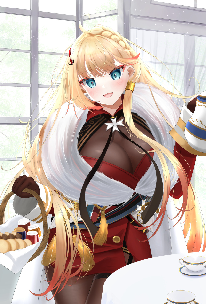 absurdres azur_lane basket blonde_hair blue_eyes bodystocking breasts brown_gloves cleavage female gloves gold_trim gradient_hair highres holding holding_basket holding_kettle howe_(azur_lane) indoors jacket large_breasts looking_at_viewer maltese_cross medal miniskirt multicolored_hair open_mouth orange_hair red_jacket red_skirt round_table see-through see-through_cleavage skirt solo table tea_set thigh_strap tsuri_pi window