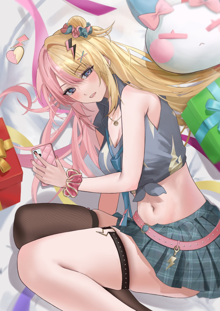 bare_shoulders belt black_thighhighs blonde_hair blue_eyes blue_necktie blush breasts feet_out_of_frame female gift grey_shirt hair_between_eyes hair_bun hair_ornament hairpin highres holding holding_phone jewelry kotoka_torahime large_breasts long_hair lying multicolored_hair navel necklace necktie nijisanji nijisanji_en on_side phone pink_hair pink_nails plaid_clothes plaid_skirt pleated_skirt satchi_(sattytabunnhenn) scrunchie shirt single_thighhigh skindentation skirt sleeveless sleeveless_shirt solo split-color_hair stuffed_toy teeth thigh_strap thighhighs tied_shirt two-tone_hair upper_teeth_only virtual_youtuber wrist_scrunchie x_hair_ornament