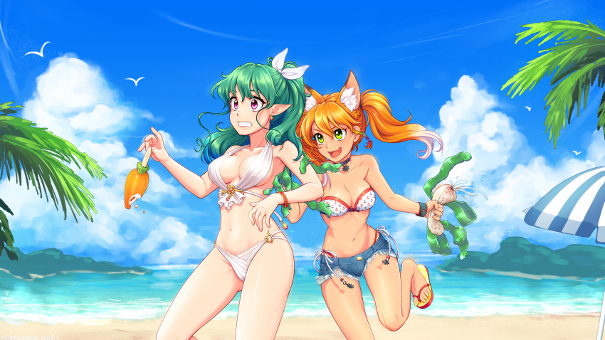 2girls absurdres animal_ears ass_visible_through_thighs beach bikini_under_shorts blue_sky breasts carrot clenched_teeth cloud eon feet flip-flops food green_eyes green_hair highres ice_cream medium_breasts multiple_girls navel oerba_yun_fang orange_hair orika_nekoi pink_eyes playing pointy_ears polina_sokolova ribbon sand sandals sasha_givental seaweed shorts sky swimsuit teeth thighs umbrella white_ribbon