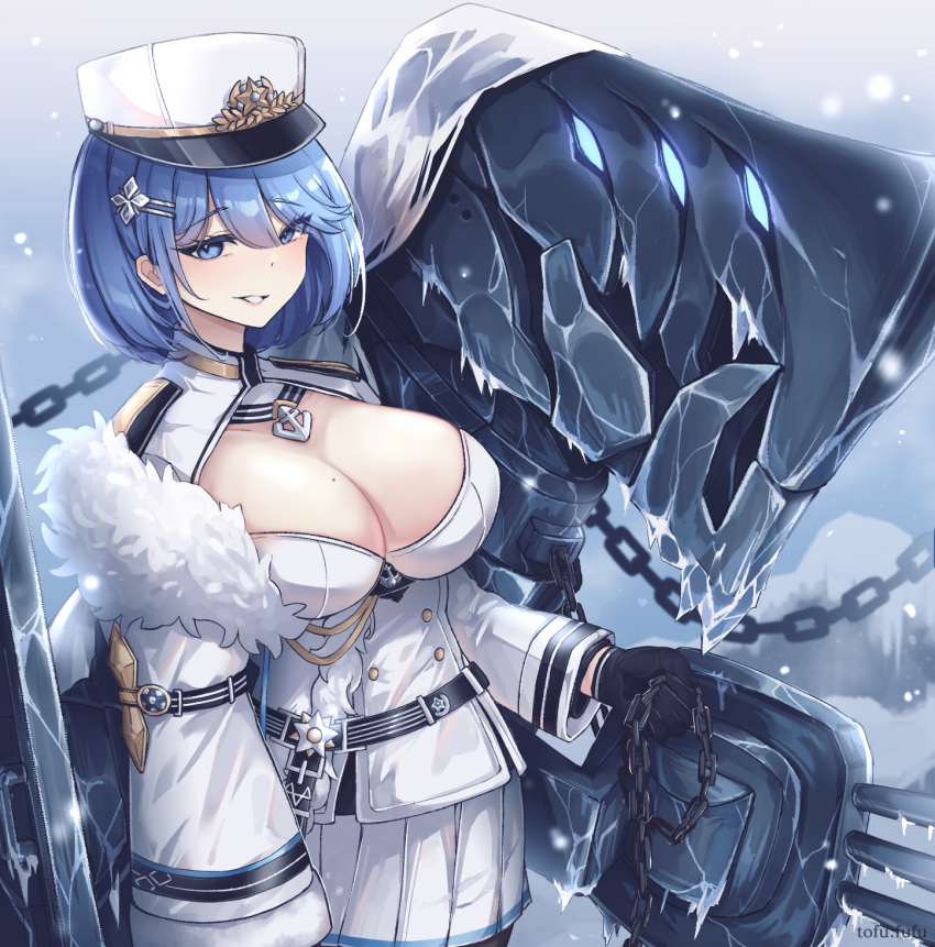 azur_lane black_gloves blue_eyes blue_hair breasts chains chapayev_(azur_lane) commentary female fur-trimmed_jacket fur_trim gloves hair_ornament hat highres holding holding_chain ice jacket large_breasts long_sleeves looking_at_viewer military_hat miniskirt mole mole_on_breast outdoors peaked_cap pleated_skirt short_hair skirt snowflake_hair_ornament solo tofu_fufu white_hat white_jacket white_skirt winter