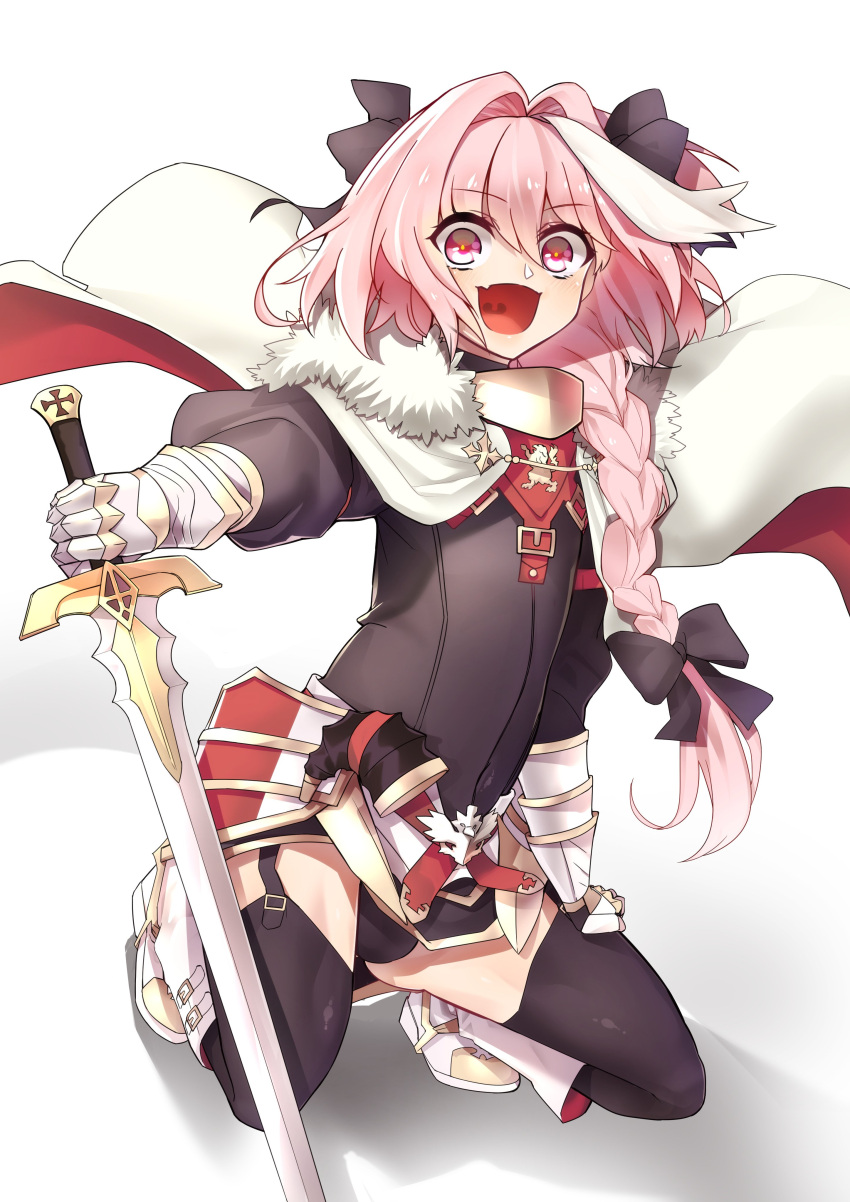 1boy absurdres armored_skirt astolfo_(fate) black_bow black_garter_straps black_panties black_sweater black_thighhighs boots bow braid bugle cape covered_navel fate/apocrypha fate_(series) full_body fur-trimmed_cape fur_trim garter_straps gauntlets hair_between_eyes hair_intakes hairbow hand_on_own_thigh highres holding holding_sword holding_weapon horn_(instrument) instrument kneeling long_braid long_hair male_focus multicolored_hair oerba_yun_fang open_mouth otoko_no_ko panties pink_eyes pink_hair purple_eyes riding_boots single_braid skin_fang smile solo streaked_hair sweater sword thighhighs two-sided_cape two-sided_fabric two-tone_hair underwear weapon white_background white_cape white_footwear white_hair yamany