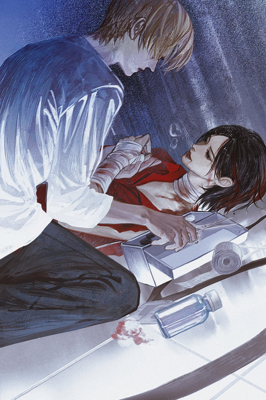 1boy ada_wong bandaged_hand bandaged_neck bandages black_hair black_pants blonde_hair blood blood_from_mouth blue_shirt bottle collared_shirt cotton_ball female first_aid_kit heavy_breathing highres holding holding_hands holding_scissors kneeling leon_s._kennedy looking_at_another lying on_back pants parted_bangs red_shirt resident_evil resident_evil_6 ringorange_0514 scissors shirt tile_floor tiles