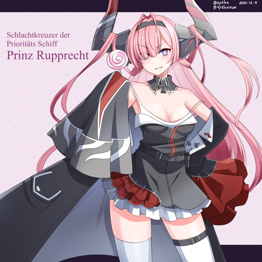 2022 absurdres antenna_hair artist_name azur_lane bare_shoulders belt black_coat black_dress black_hairband black_horns breasts character_name cleavage coat collarbone cross detached_collar dress female german_text hair_on_horn hair_over_one_eye hairband hebitsukai-san highres horns huge_horns iron_cross long_hair long_horns long_sleeves looking_at_viewer mechanical_horns medium_breasts multicolored_horns pink_background pink_hair prinz_rupprecht_(azur_lane) purple_eyes red_horns simple_background sleeves_past_fingers sleeves_past_wrists solo standing thigh_belt thigh_strap thighhighs two-tone_horns very_long_hair white_thighhighs zettai_ryouiki