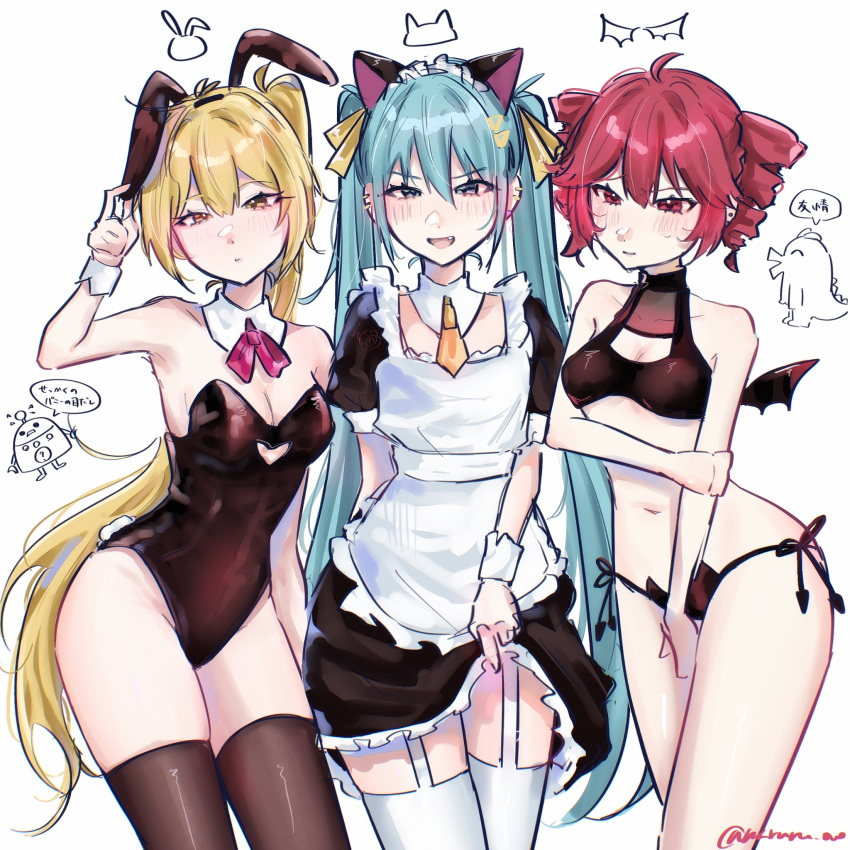 3girls adjusting_clothes adjusting_headwear ahoge akita_neru alternate_costume animal_ear_hairband animal_ears antenna_hair apron aqua_hair armpits artist_name bare_shoulders bat_ear_panties bat_wings black_bra black_dress black_leotard black_thighhighs blonde_hair bow bowtie bra breasts cat_ear_hairband cat_ears cleavage closed_mouth clothes_lift clothing_cutout commentary covering_crotch covering_privates detached_collar dot_mouth dragon dress drill_hair earrings embarrassed enmaided fake_animal_ears fake_wings frilled_apron frilled_dress frilled_hairband frills garter_straps hair_between_eyes hair_ornament hair_ribbon hairband hairclip halterneck hand_on_own_arm hand_up hashtag-only_commentary hatsune_miku heart_cutout highres jewelry kasane_teto leotard lifting_own_clothes long_hair looking_at_viewer maid maid_headdress medium_breasts meme midriff mini_wings multiple_earrings multiple_girls narrowed_eyes naruru_ovo naughty_face navel necktie oerba_yun_fang open_mouth panties playboy_bunny puffy_short_sleeves puffy_sleeves rabbit_ear_hairband rabbit_ears red_bow red_bowtie red_hair ribbon robot robot_(manabi_kangaeru_rekishi) robot_(manabi_kangaeru_rekishi)_(meme) short_necktie short_sleeves side-by-side side-tie_panties side_ponytail signature simple_background skirt skirt_lift speech_bubble standing strapless strapless_leotard suki_na_souzai_happyou_dragon_(utau) teasing thighhighs triple_baka_(vocaloid) twin_drills twintails twitter_username underwear utau v-shaped_eyebrows very_long_hair vocaloid white_apron white_background white_hairband white_thighhighs wings wrist_cuffs yellow_necktie yellow_ribbon