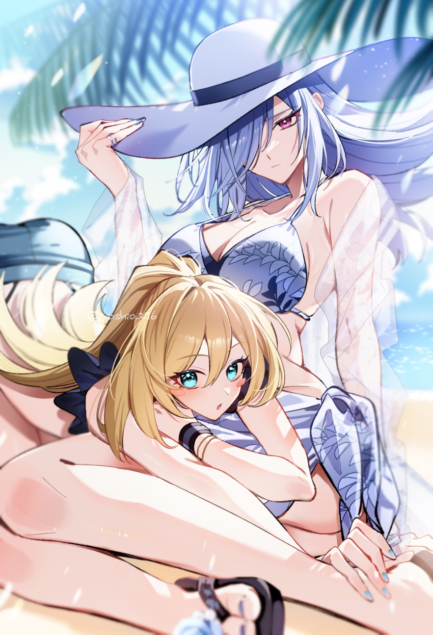 2girls alternate_costume alternate_hairstyle aqua_eyes armband bare_shoulders bikini blonde_hair blush_stickers breasts cleavage dark_magician_girl duel_monster female grey_hair hair_between_eyes hair_over_one_eye hat highres large_breasts long_hair looking_at_viewer lying multiple_girls on_stomach open_mouth ponytail red_eyes silent_magician sun_hat swimsuit white_bikini white_hair yoshio_296 yu-gi-oh! yu-gi-oh!_duel_monsters