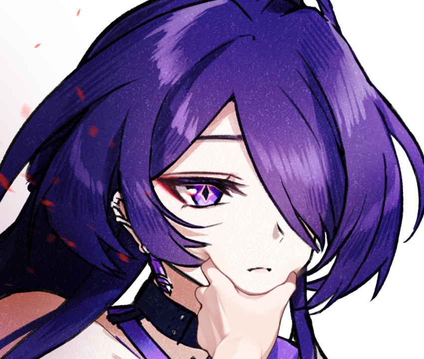 1other acheron_(honkai:_star_rail) black_choker choker commentary earrings female grabbing hair_over_one_eye highres honkai:_star_rail honkai_(series) jewelry konaka_(usagi_draw) long_hair meme nejime portrait pov_cheek_grabbing_(meme) purple_eyes purple_hair single_bare_shoulder