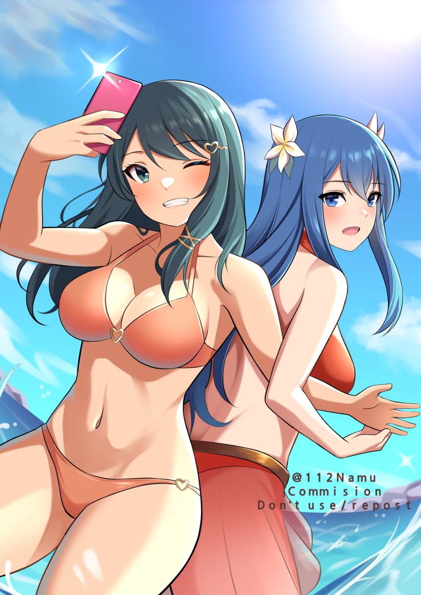 2girls :d back back-to-back bare_shoulders bikini bikini_skirt blue_eyes blue_hair blue_sky blush breasts caeda_(fire_emblem) caeda_(summer)_(fire_emblem) camera_flash cellphone cleavage cloud collarbone commission cowboy_shot day english_commentary fire_emblem fire_emblem:_mystery_of_the_emblem fire_emblem_heroes flower grin groin hair_between_eyes hair_flower hair_ornament hairclip heart heart_hair_ornament highres holding holding_phone in-franchise_crossover indoors large_breasts long_hair looking_at_viewer multiple_girls namu_(112namu) navel ocean official_alternate_costume one_eye_closed open_mouth oribe_tsubasa phone pixiv_commission red_bikini see-through see-through_skirt selfie sidelocks skirt sky smartphone smile standing stomach sunlight swept_bangs swimsuit teeth tokyo_mirage_sessions_fe wading