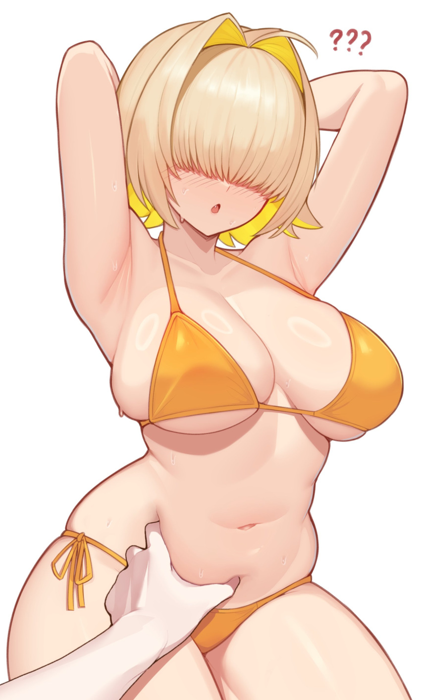 1other ? ?? absurdres ahoge armpits arms_behind_head belly_grab bikini blonde_hair breasts covered_eyes elegg_(nikke) female full_body goddess_of_victory:_nikke grabbing_another's_stomach hair_intakes hair_over_eyes highres large_breasts meme moursho navel nejime open_mouth orange_bikini pinching pov pov_cheek_grabbing_(meme) pov_hands short_hair side-tie_bikini_bottom sitting solo_focus swimsuit white_background