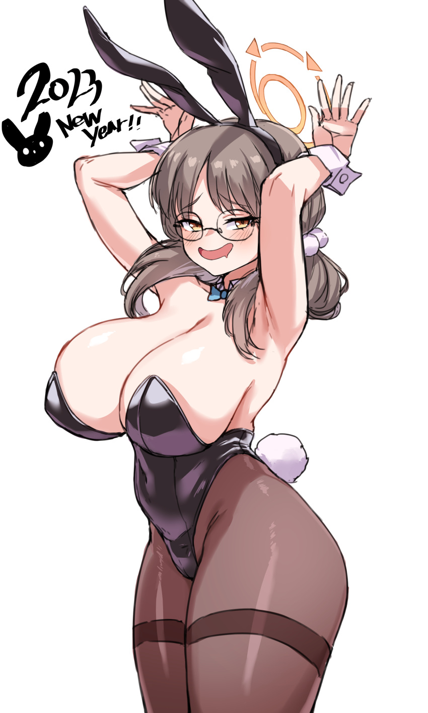 absurdres animal_ears arms_up black_leotard blue_archive bow bowtie breasts brown_hair cleanerjay covered_navel drooling fake_animal_ears fake_tail female glasses halo highres huge_breasts leotard long_hair looking_at_viewer low_twintails moe_(blue_archive) mouth_drool new_year open_mouth pantyhose playboy_bunny rabbit_ears rabbit_pose rabbit_tail simple_background solo strapless strapless_leotard tail twintails white_background wrist_cuffs yellow_eyes