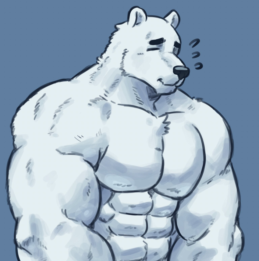 anthro backpack bear blue_and_white blue_backpack dark_eyebrows dynogreeno fur hi_res male mammal monochrome muscular muscular_male polar_bear shirtless shirtless_male smile solo ursine white_body white_fur