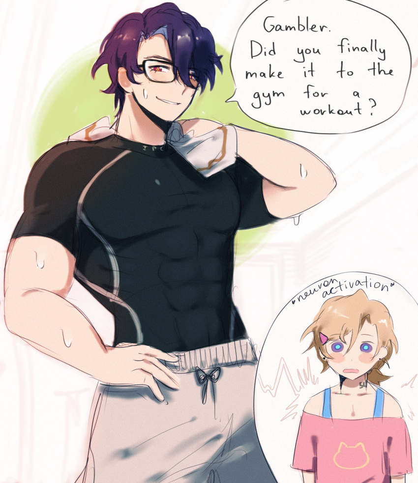 2boys abs aventurine_(honkai:_star_rail) blonde_hair blush_stickers bra_strap dr._ratio_(honkai:_star_rail) english_text glasses gym_shorts highres honkai:_star_rail honkai_(series) looking_at_viewer male_focus meme multiple_boys muscular muscular_male myotaron neck_tattoo neuron_activation_(meme) off_shoulder otoko_no_ko pink_shirt purple_hair shirt short_hair short_sleeves shorts skin_tight skirt speech_bubble sweat t-shirt tattoo towel