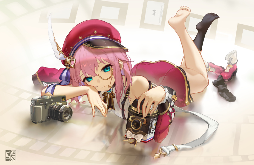 absurdres bare_shoulders barefoot black_socks cabbie_hat camera charlotte_(genshin_impact) commentary_request detached_sleeves feet feet_up female genshin_impact hat hat_feather highres holding holding_camera looking_at_viewer lying monocle no_shoes on_stomach peaked_cap pink_hair red_footwear red_hat red_skirt red_sleeves rein_yukimatsu shirt shoes short_hair single_sock_removed skirt sleeveless sleeveless_shirt socks soles solo the_pose toes unworn_shoes white_shirt