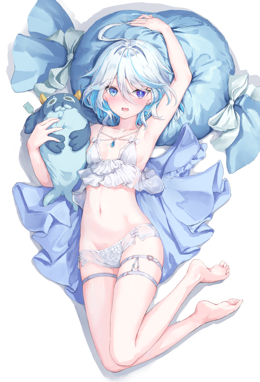 arm_up armpits blubberbeast_(genshin_impact) blue_eyes blue_nails blue_shirt blush breasts collarbone drop-shaped_pupils female from_above full_body furina_(genshin_impact) genshin_impact gloves heterochromia highres holding holding_stuffed_toy leg_up lingerie looking_at_viewer navel on_pillow open_mouth panties parufeito shirt short_hair small_breasts soles solo stomach stuffed_toy symbol-shaped_pupils thigh_strap underwear underwear_only unworn_shirt wavy_hair white_background white_gloves white_panties