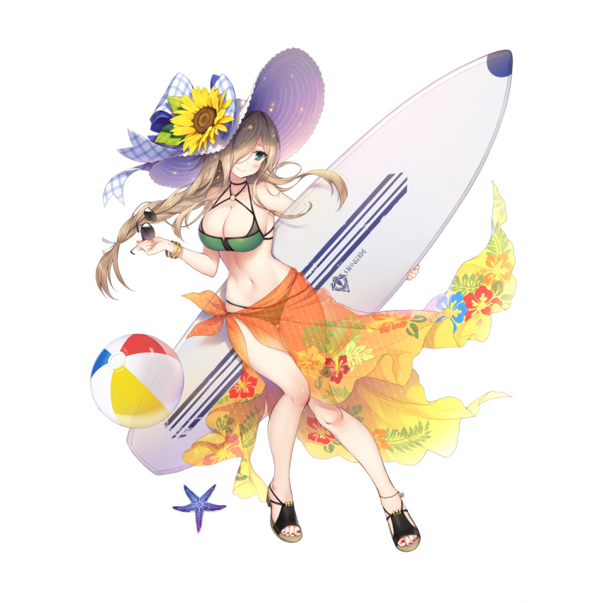 artist_request bad_link ball bare_arms bare_legs bare_shoulders beachball bikini black_straps blonde_hair blush braid braided_ponytail breasts cleavage closed_mouth earrings female final_gear floral_print floral_print_skirt flower full_body gingham_ribbon gradient_skirt green_bikini green_eyes hair_over_one_eye hat hat_ribbon highres holding holding_removed_eyewear holding_surfboard jewelry long_hair long_sidelocks low-tied_long_hair low_ponytail midriff navel neplim_(final_gear) o-ring o-ring_bikini official_art ribbon sandals see-through see-through_ball see-through_shirt shirt sidelocks simple_background single_braid smile solo sparkle starfish sun_hat sunflower sunglasses sunlight surfboard swimsuit tachi-e third-party_source tied_skirt transparent_background two-tone_background two-tone_ribbon two-tone_skirt unworn_eyewear very_long_hair white_background white_hat white_ribbon wrist_wings yellow_flower