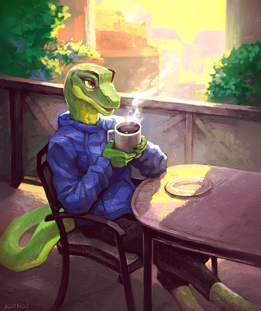 absurd_res anole anthro beverage brown_eyes chair clothed clothing coffee coffee_mug furniture green_body green_scales hi_res holding_beverage holding_object hoodie hot_drink klongi lizard male outside reptile scales scalie sitting solo table topwear