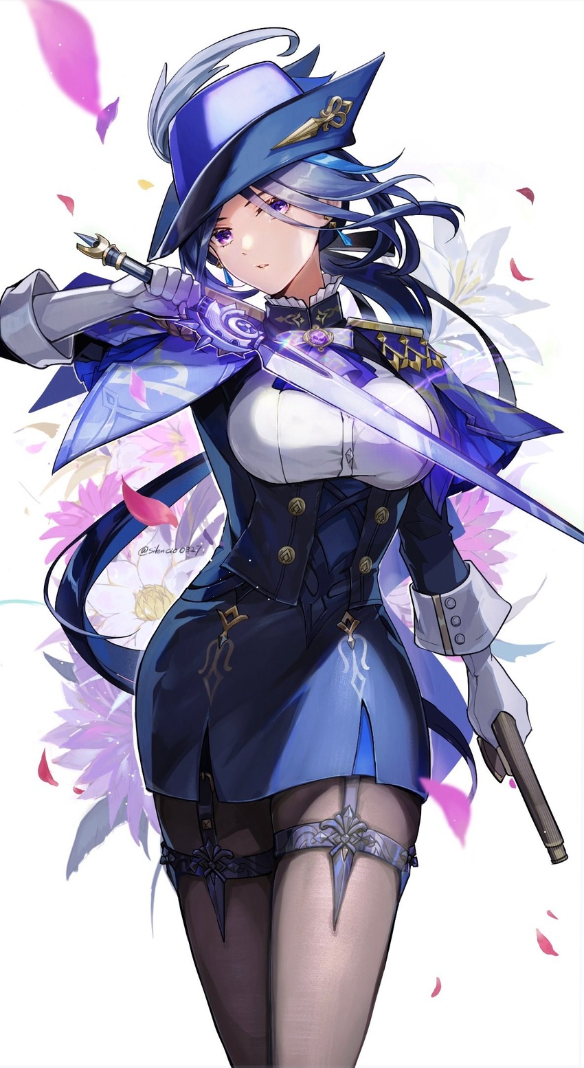 black_corset black_pantyhose black_skirt blue_capelet blue_hair breasts capelet clorinde_(genshin_impact) commentary confetti corset cowboy_shot earrings female framed_breasts garter_straps genshin_impact hat hat_feather head_tilt highres holding holding_sword holding_weapon iron_sting_(genshin_impact) jewelry large_breasts looking_at_viewer miniskirt muri_(pan'ichi_murimuri_geinin) pantyhose pencil_skirt purple_eyes shirt simple_background skirt solo standing sword thigh_strap tricorne vision_(genshin_impact) weapon white_background white_shirt