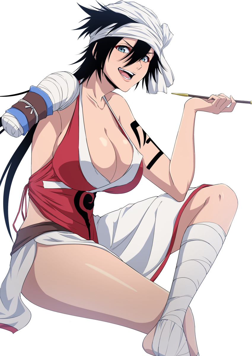 absurdres amputee ankle_wrap ankleband bandaged_head bandages bare_shoulders black_hair bleach blue_eyes breasts cleavage commentary_request dress female highres holding large_breasts long_hair looking_at_viewer nishizuki_shino open_mouth red_dress shiba_kuukaku short_hair side_slit simple_background slingshot_tan smile smoking_pipe solo tattoo white_background