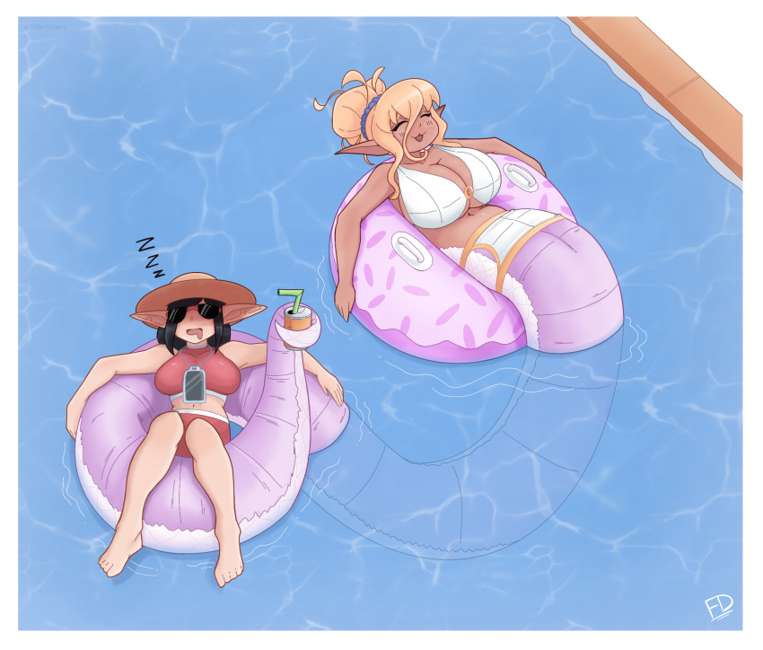 apode big_breasts bikini biped blonde_hair breasts cleavage clothed clothing draconcopode duo elf female fiffer hair hi_res humanoid_pointy_ears inflatable inner_tube lamia legless partially_submerged reptile scalie serpentine sleeping snake split_form swimming_pool swimwear