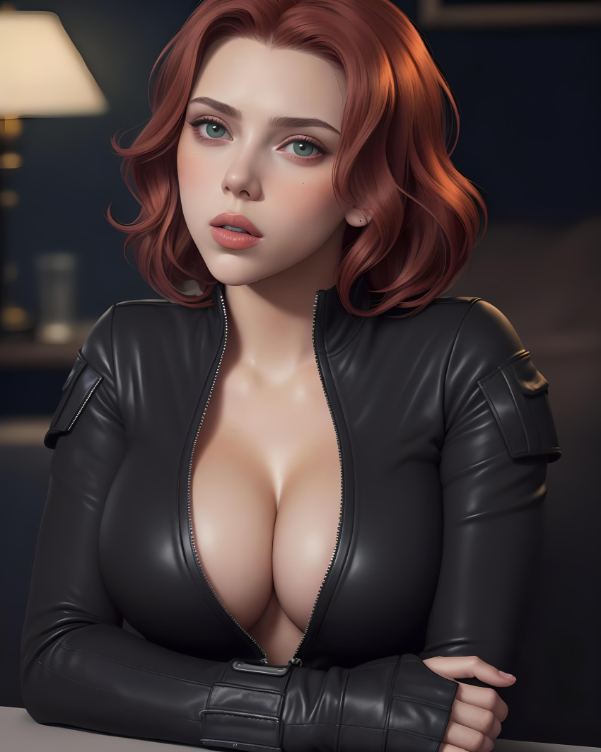 1girls ai_generated ai_hands black_widow_(marvel) bodysuit breasts celebrity cleavage female female_focus female_only fingerless_gloves green_eyes green_eyes_female high_resolution highres human human_only light-skinned_female light_skin marvel natasha_romanoff open_bodysuit red_hair red_hair_female solo solo_female solo_focus superheroine unzipped unzipped_bodysuit