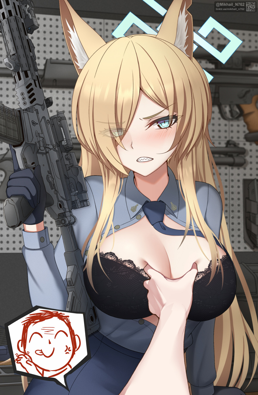 1boy animal_ear_fluff animal_ears assault_rifle benelli_m4 black_bra black_gloves blue_archive blue_eyes blue_halo blue_necktie blue_shirt blush bra breasts collared_shirt commentary deep_skin dog_ears dog_girl doodle_sensei_(blue_archive) eyes_visible_through_hair female gloves grabbing grabbing_another's_breast groping gun h&k_psg1 hair_over_one_eye halo highres holding holding_gun holding_weapon kanna_(blue_archive) lace-trimmed_bra lace_trim long_hair magazine_(weapon) meme mikhail_n necktie nejime open_clothes open_shirt pegboard pencil_skirt pov_cheek_grabbing_(meme) rifle scope scowl sensei_(blue_archive) sharp_teeth shirt shotgun sig_mcx skirt sniper_rifle speech_bubble symbol-only_commentary teeth tongue tongue_out unbuttoned underwear very_long_hair weapon