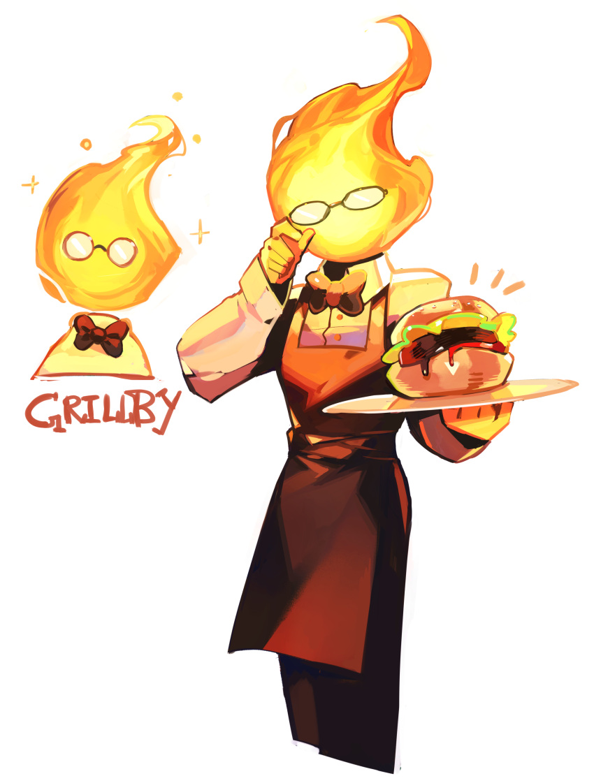 2023 absurd_res adjusting_eyewear apron bow_tie burger clothing digital_media_(artwork) digital_painting_(artwork) elemental_creature elemental_humanoid eyewear fire fire_creature fire_humanoid firebay food glasses_on_face grillby hi_res humanoid platter portrait simple_background sparkles standing text three-quarter_portrait undertale undertale_(series) waiter white_background