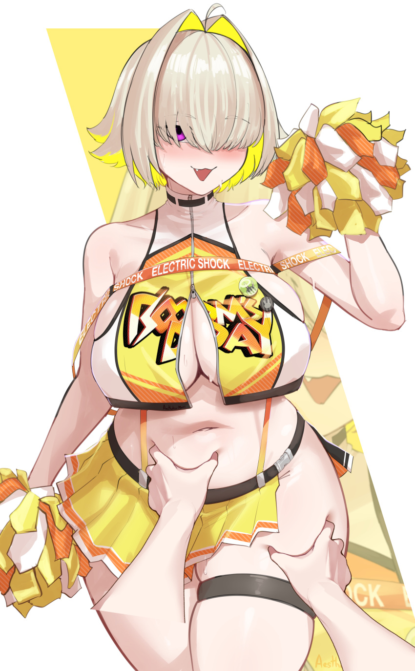 1other absurdres aestheticc-meme ahoge blonde_hair breasts cheerleader collaboration commentary elegg_(nikke) english_commentary female goddess_of_victory:_nikke hair_intakes hair_over_eyes highres large_breasts meme navel nejime oerba_yun_fang open_mouth pinching pleated_skirt plump pom_pom_(cheerleading) pov pov_cheek_grabbing_(meme) pov_hands purple_eyes short_hair simple_background skindentation skirt smile solo_focus suspender_skirt suspenders thigh_grab upright_ahoge white_background