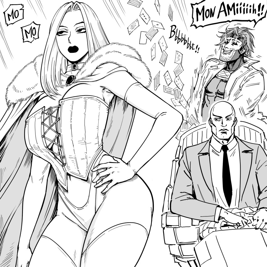 2boys absurdres bald bb_(baalbuddy) black_sclera breasts cape card charles_xavier choker collared_shirt colored_sclera coomer_(meme) corset elbow_gloves emma_frost english_commentary english_text female fur-trimmed_cape fur_trim gambit gloves greyscale hand_on_own_hip highres implied_orgasm jacket large_breasts lips long_hair marvel meme monochrome multiple_boys necktie playing_card revealing_clothes sexually_suggestive shirt simple_background speech_bubble suit suit_jacket thighhighs variant_set white_background x-men