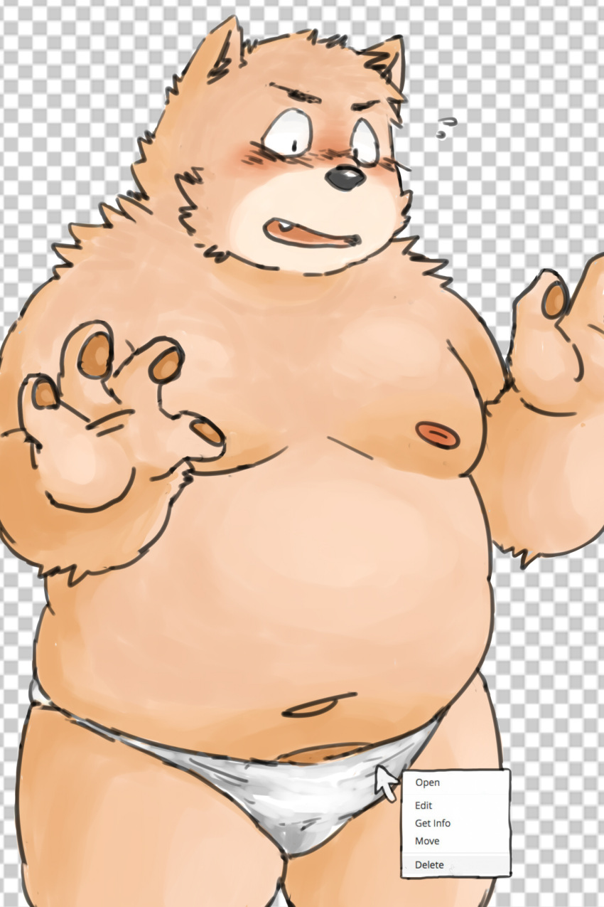 2:3 anthro blush bodily_fluids brown_body brown_fur canid canine canis clothing domestic_dog embarrassed fangs fur hi_res male mammal meta moobs navel nipples open_mouth overweight overweight_male pawpads paws png_file raised_paw rampie slightly_chubby solo sweat sweatdrop teeth underwear