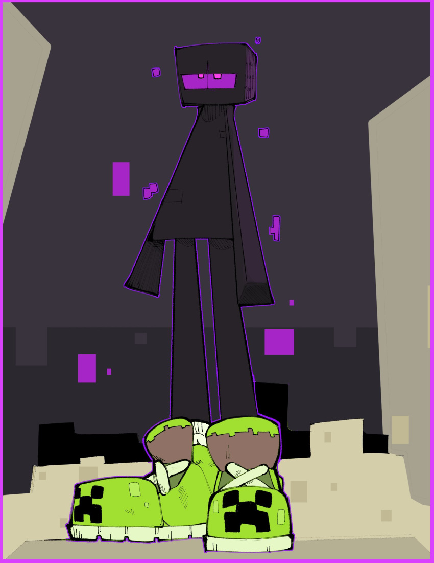 2023 ambiguous_gender anthro black_body black_skin border clothing creeper_face enderman footwear footwear_only front_view fungirussy green_clothing green_footwear green_shoes hi_res humor long_legs microsoft minecraft mojang mostly_nude outline purple_border purple_eyes purple_glow purple_outline purple_sclera shoes shoes_only socks solo standing the_end_(minecraft) thigh_gap thin_calves thin_legs thin_thighs white_clothing white_footwear white_socks xbox_game_studios