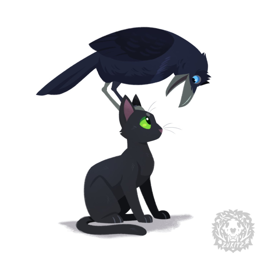 1:1 2024 ambiguous_gender avian beak big_eyes bird black_body black_ear black_eyes black_feathers black_fur black_tail blue_body blue_feathers blue_sclera blue_tail blue_tail_feathers carrying_another corvid corvus_(genus) crow crow_(lkbc) detailed domestic_cat duo eye_contact feathers feet felid feline felis feral fur glistening glistening_eyes grey_beak happy hi_res hind_legs lineless little_kitty_(lkbc) little_kitty_big_city long_tail looking_at_another looking_down looking_up mammal mouthless multicolored_body multicolored_feathers multicolored_wings o_o on_ground on_head open_mouth oscine passerine pink_ears pink_inner_ear pink_nose shadow simple_background sitting sitting_on_ground smile standing tail toony watermark whiskers white_background wide_eyed wings zukitz