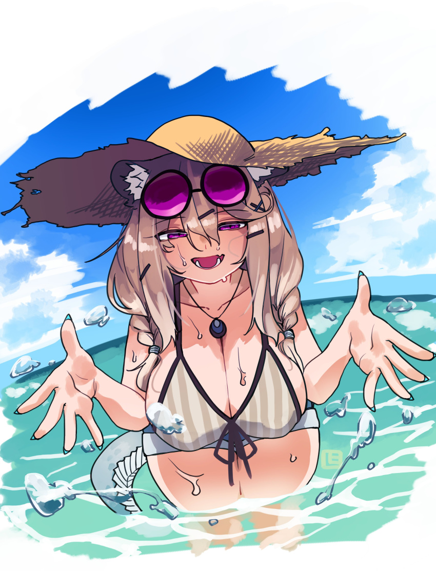 absurdres animal_ear_fluff aqua_nails arknights bikini blue_background blue_sky blue_tail breasts brown_hair cleavage collarbone cowboy_shot eyewear_on_head female hair_between_eyes hat highres jewelry large_breasts looking_at_viewer medium_hair necklace ocean open_mouth purple_eyes shima_(wideshi_ma) short_shorts shorts sky smile solo striped_bikini striped_clothes sun_hat swimsuit utage_(arknights) utage_(summer_flowers)_(arknights) water water_drop wet