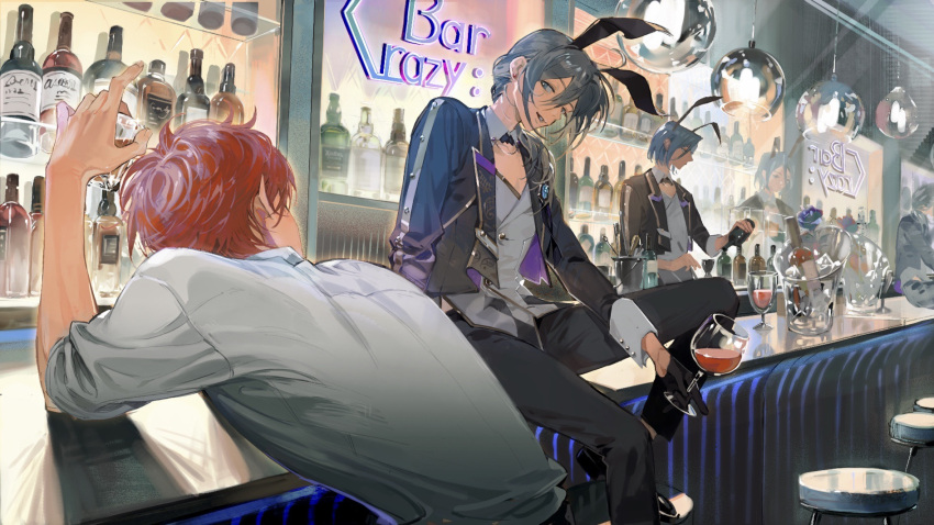 3boys alcohol amagi_rinne animal_ear_hairband animal_ears bar_(place) bartender bishounen black_footwear black_gloves black_jacket black_pants blue_hair bottle coattails collar collared_shirt commentary crazy_b_(ensemble_stars!) cup detached_collar drink drinking_glass elbow_on_table english_commentary ensemble_stars! fake_animal_ears gloves grey_eyes grey_hair grey_vest hair_between_eyes hairband half_gloves highres himeru_(ensemble_stars!) holding holding_drink indoors jacket leaning_forward long_sleeves male_focus male_playboy_bunny midriff mirror multiple_boys on_stool open_clothes open_jacket open_mouth pants pectoral_cleavage pectorals pouring rabbit_ear_hairband rabbit_ears red_hair reflection sanmuyun shiina_niki shirt shoes short_hair short_hair_with_long_locks sitting sitting_on_table sleeves_rolled_up smile teeth vest white_collar white_shirt wine wine_bottle wine_glass