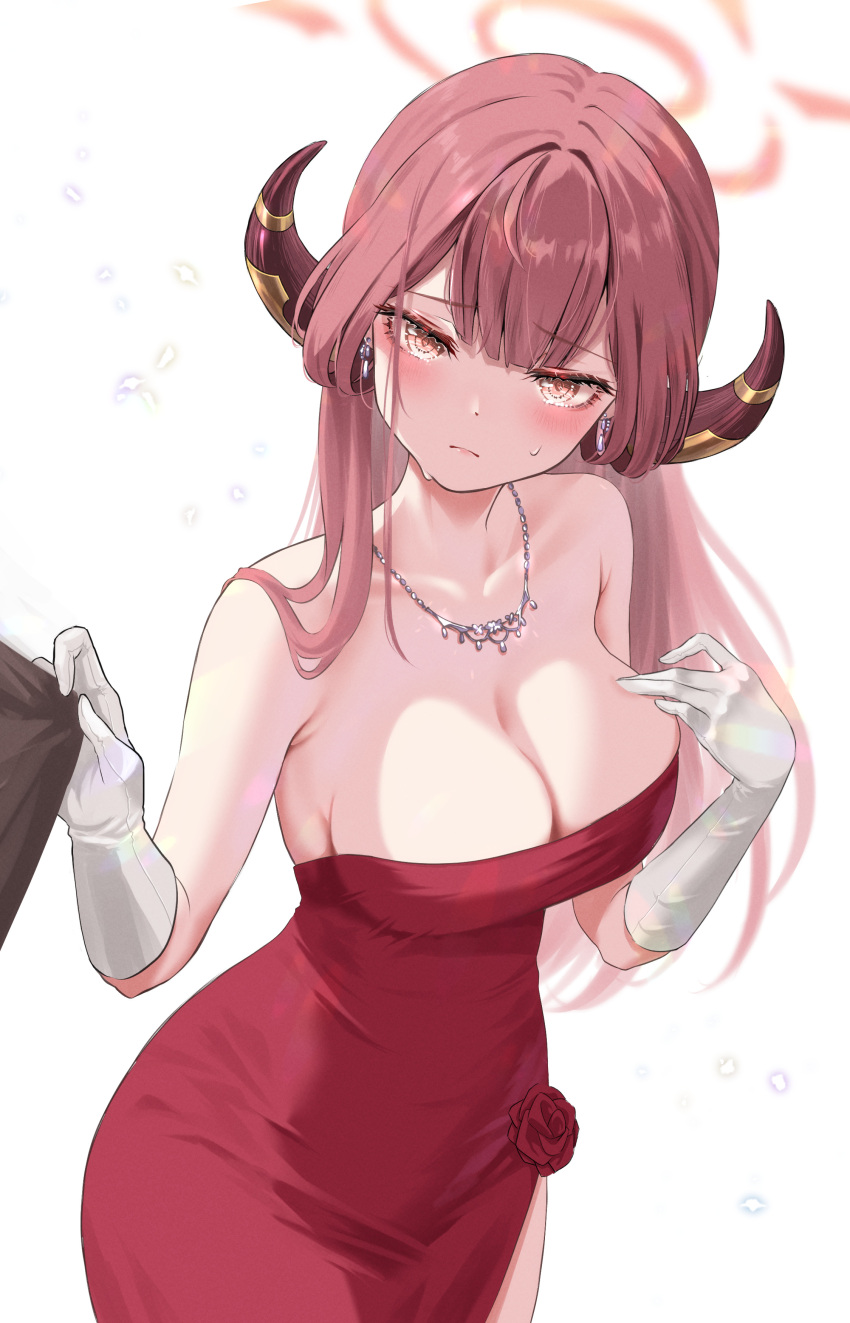 absurdres aru_(blue_archive) bare_shoulders blue_archive blush breasts cleavage closed_mouth collarbone demon_horns dress earrings female genjitsu_pirika gloves halo highres horns jewelry large_breasts long_hair looking_at_viewer necklace red_dress red_hair red_halo shirt_grab solo strapless strapless_dress sweatdrop tears white_gloves yellow_eyes