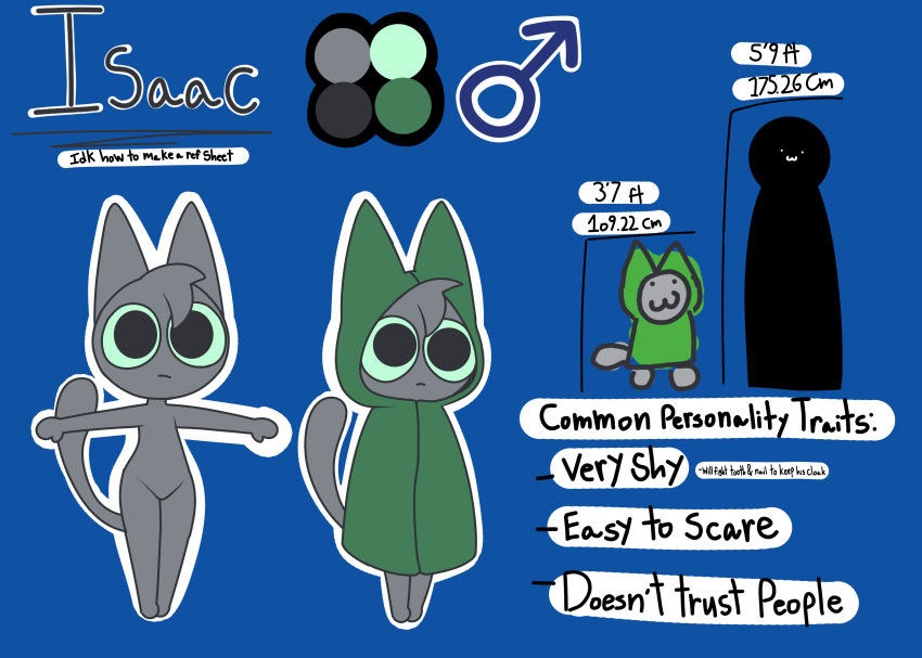 :3 absurd_res blue_background cloak clothed clothing domestic_cat english_text felid feline felis fur gender_symbol gooblie_2 green_cloak green_clothing green_sclera grey_body grey_fur height_comparison hi_res isaac_(gooblie_ii) male mammal model_sheet simple_background solo standing symbol t-pose tail text thick_thighs tuft wide_hips