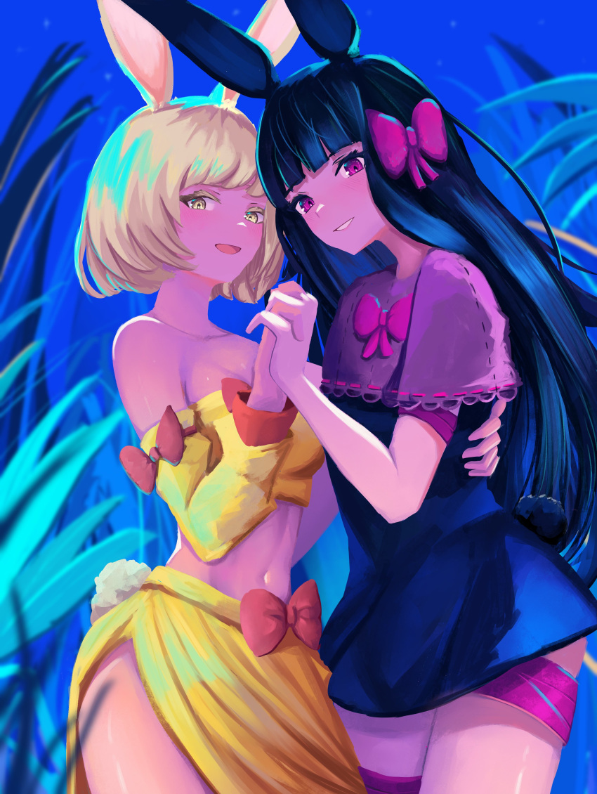 2girls absurdres animal_ears black_dress black_hair blonde_hair blue_background blunt_bangs bob_cut bow bowtie breasts capelet commentary cowboy_shot crop_top dancer_rabbit detached_sleeves dress grin hairbow hand_on_another's_back heavyblade_rabbit highres holding_hands long_hair looking_at_viewer medium_bangs medium_breasts midriff multiple_girls navel open_mouth orange_bow pink_bow pink_bowtie pink_eyes purple_capelet rabbit_and_steel rabbit_ears rabbit_girl short_hair skirt sleeve_bow smile strapless tube_top yan_kodiac yellow_eyes yellow_skirt yellow_sleeves yellow_tube_top