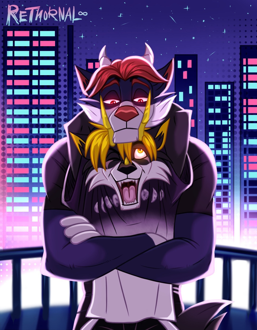 anthro balcony canid canine canis city city_background couple_(disambiguation) duo emotional hi_res hug hugging_another hugging_from_behind ignatius_walker_(walk-w-igny) love love_handles male male/male mammal night rethornal romantic romantic_couple sebastian_brighton_(walk-w-igny) town walk-w-igny wolf