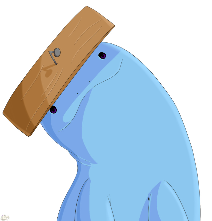 ambiguous_gender anthro blue_body clothing digital_media_(artwork) dracodrawer generation_2_pokemon head_empty hi_res looking_at_viewer nail nintendo plank pokemon pokemon_(species) quagsire simple_background smile solo topwear wood