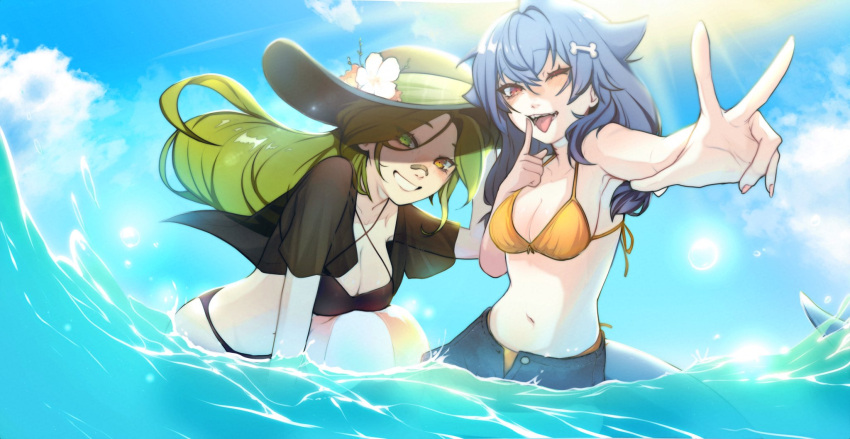 2girls bikini bikini_top_only breasts english_commentary fins fish_tail flower green_eyes green_headwear hat hat_flower heterochromia highres indie_virtual_youtuber kuroba_plant long_hair mako_sameshima medium_breasts midriff multiple_girls navel one_eye_closed open_fly open_hand open_mouth orange_bikini orange_eyes parted_bangs red_eyes second-party_source shark_tail small_breasts sun_hat sunlight swimsuit tail tiredcatmom tongue tongue_out v virtual_youtuber water