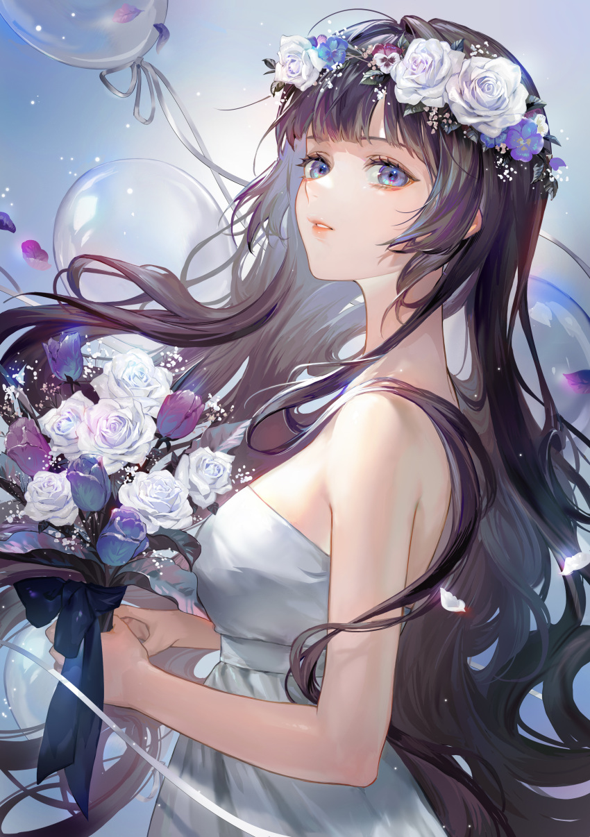 absurdres balloon black_hair blue_eyes chinese_commentary commentary_request commission dress female floating_hair flower from_side hair_flower hair_ornament highres holding holding_flower lips long_hair original parted_lips solo upper_body white_dress xi_liu