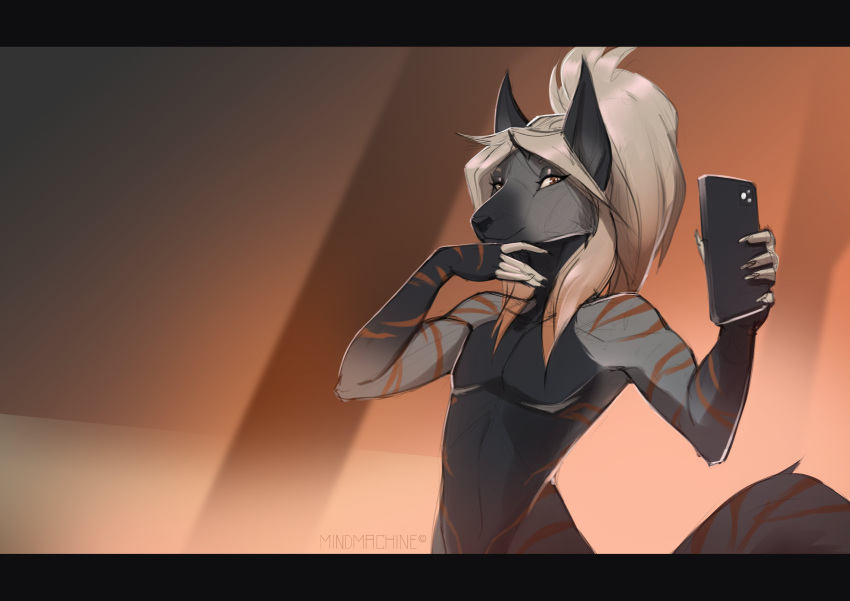 2022 5_fingers absurd_res anthro black_bars black_nose brown_hair canid canine cellphone digital_media_(artwork) electronics eyebrows eyelashes femboy fingers fur grey_body grey_fur hair hi_res long_hair male mammal mindmachine nude phone solo standing