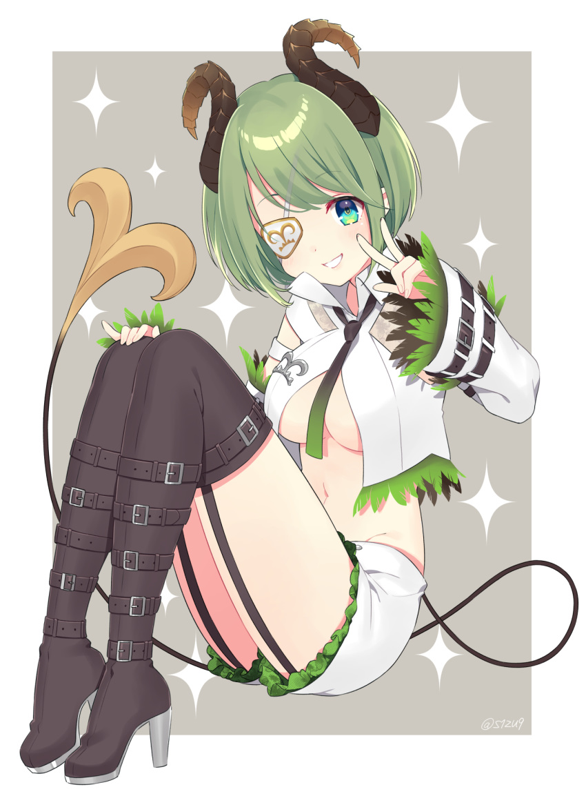 aqua_eyes ass belt belt_boots black_footwear black_thighhighs boots breasts cleavage collared_shirt commentary_request crop_top crop_top_overhang curled_horns demon_horns demon_tail detached_sleeves eyepatch female garter_straps gradient green_hair grin high_heel_boots high_heels highres honey_strap horns knees_up kusumoto_shizuru leg_belt long_sleeves looking_at_viewer medium_breasts midriff multiple_belts nanashi_inc. navel necktie no_bra sekishiro_mico shirt short_hair short_shorts shorts smile solo tail thigh_boots thighhighs thighs underboob v virtual_youtuber white_shirt white_shorts