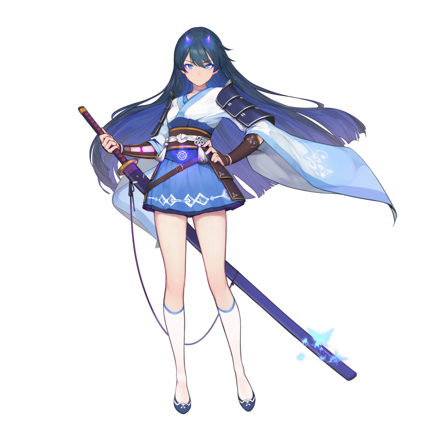 absurdres armor blue_eyes blue_hair closed_mouth female floating_hair full_body gorgeous_mushroom hand_on_own_hip highres holding holding_sword holding_weapon illusion_connect japanese_clothes looking_at_viewer official_art ootachi saya_(illusion_connect) shoes shoulder_armor simple_background skirt socks solo standing sword third-party_source transparent_background weapon wide_sleeves