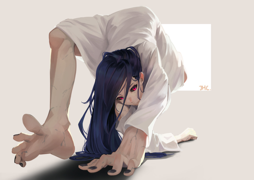 bare_shoulders barefoot black_hair black_nails black_sclera colored_sclera commentary feet female fingernails highres horror_(theme) jhc_kai long_hair nail_polish pink_eyes signature soles solo the_ring toenail_polish toenails toes two-tone_background veins walking yamamura_sadako