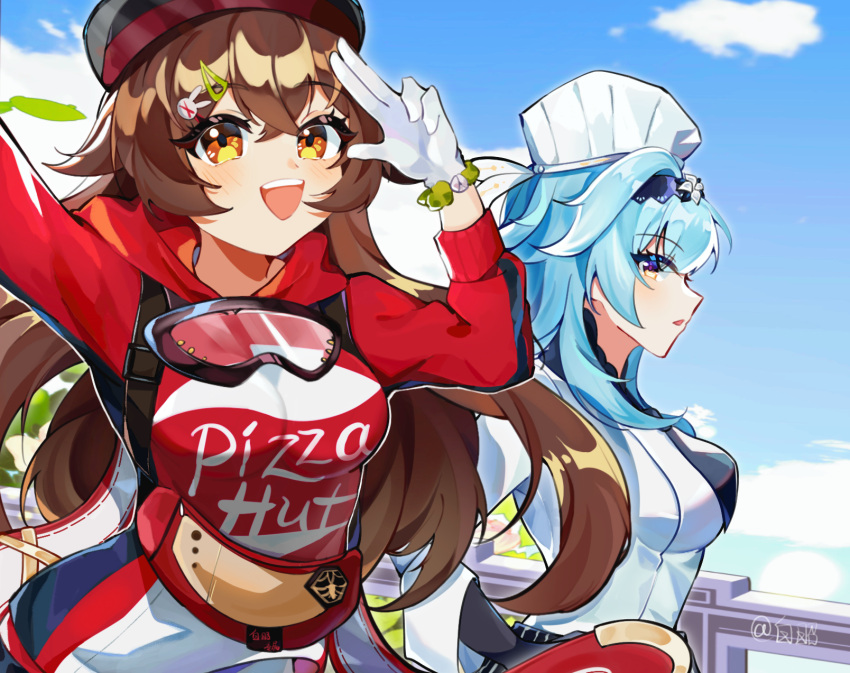 2girls :d amber_(genshin_impact) amber_(pizza_hut)_(genshin_impact) arm_up blue_hair blue_hairband blue_sky brown_hair clothes_writing cloud commentary_request day eula_(genshin_impact) eula_(pizza_hut)_(genshin_impact) genshin_impact gloves goggles goggles_around_neck hair_between_eyes hairband hand_up highres hood hoodie long_hair looking_at_viewer medium_hair multiple_girls official_alternate_costume open_mouth outdoors parted_lips pizza_hut red_hoodie shirt sky smile upper_body very_long_hair white_gloves white_headwear white_shirt yellow_eyes zhaozhaobai