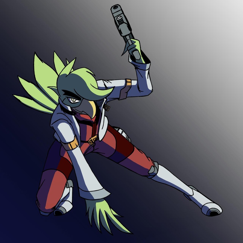 1:1 anthro avian clothing gun hi_res looking_at_viewer male marcelo_canario nintendo ranged_weapon simple_background solo star_fox weapon whitephoenix52