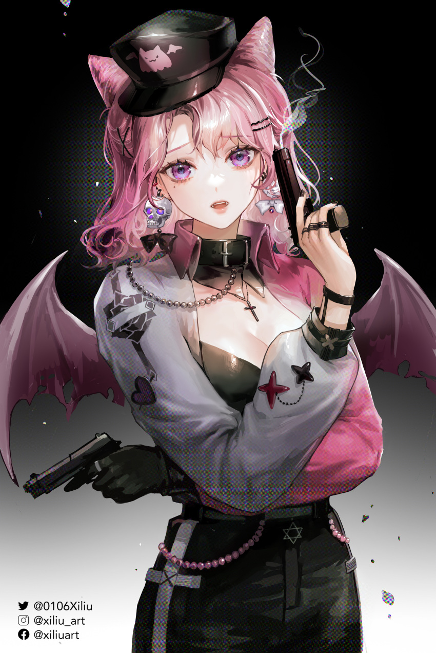 absurdres arm_under_breasts bat_wings breasts cleavage collar commission cone_hair_bun cross facebook_username female gun hair_bun hair_ornament hairclip hand_up hat highres holding holding_gun holding_weapon instagram_username medium_breasts open_mouth original pants pink_eyes pink_hair shirt short_hair solo twitter_username upper_body watermark weapon wings xi_liu