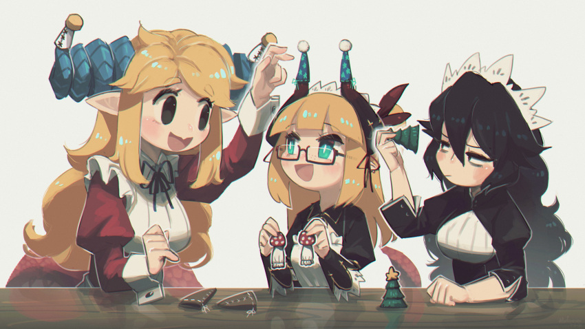 3girls :/ :d absurdres aqua_eyes black-framed_eyewear black_eyes black_hair blonde_hair blue_horns blunt_bangs borrowed_character commentary crossover curled_horns dragon_maid_(murgoten) dragon_tail english_commentary executioner_maid_(centuriic) flareze_(porforever) freckles glasses grey_background hair_between_eyes highres horn_ornament horns juliet_sleeves long_hair long_sleeves looking_at_another maid maid_headdress making-of_available multiple_crossover multiple_girls no_pupils open_mouth original pointy_ears porforever puffy_sleeves semi-rimless_eyewear simple_background smile tail thick_eyebrows under-rim_eyewear