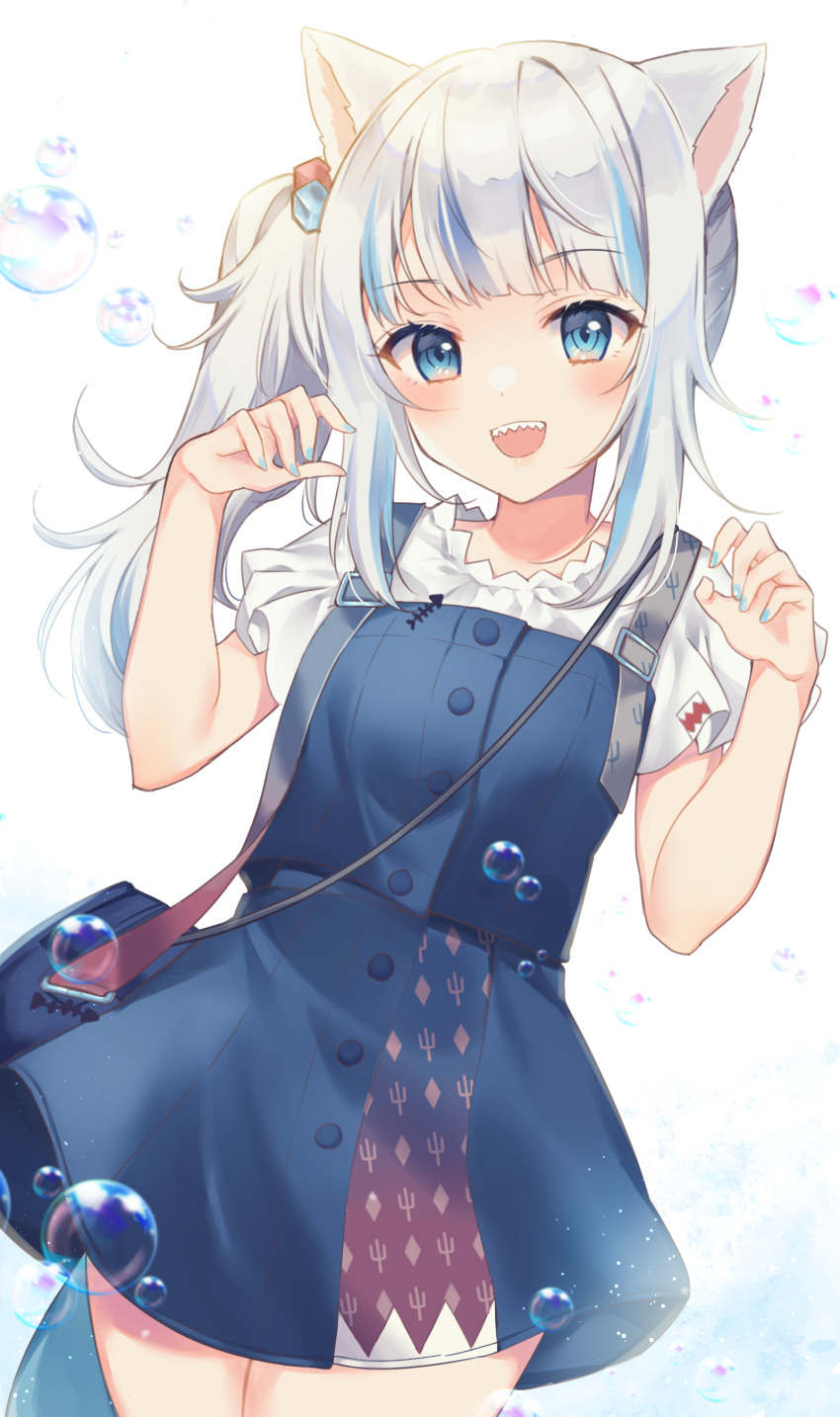 :d absurdres air_bubble animal_ears bag blue_dress blue_eyes blue_hair blue_nails bubble cat_ears commentary_request cube_hair_ornament dress female fins fish_tail gawr_gura gawr_gura_(casual) grey_hair hair_ornament hands_up highres hololive hololive_english long_hair looking_at_viewer miyakoto multicolored_hair nail_polish open_mouth shark_tail sharp_teeth shirt shoulder_bag side_ponytail sleeveless sleeveless_dress smile solo streaked_hair tail teeth virtual_youtuber white_background white_shirt